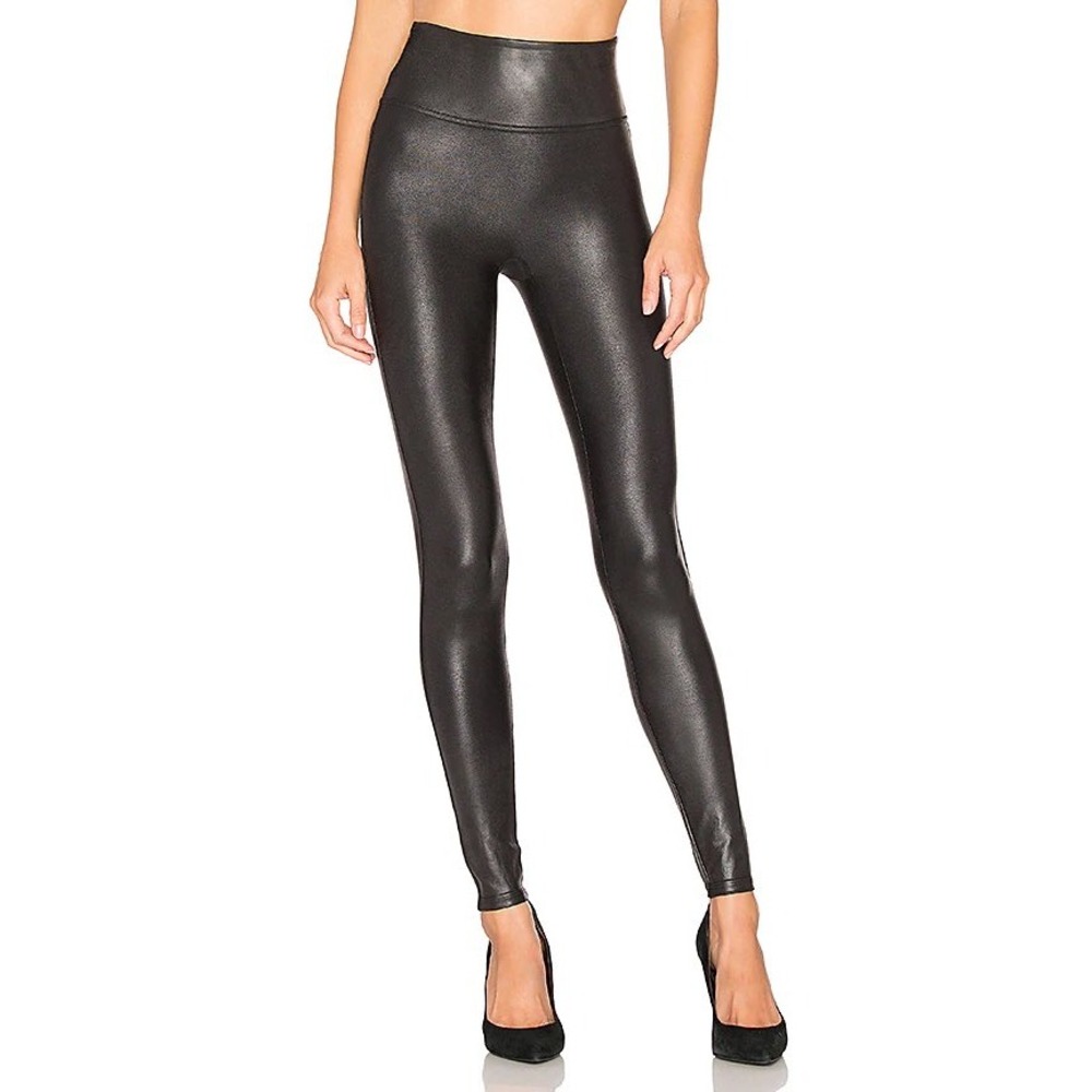 Spanx Black Faux Leather High Rise Leggings Sleek Stretch Coated Pants Chic Sz S